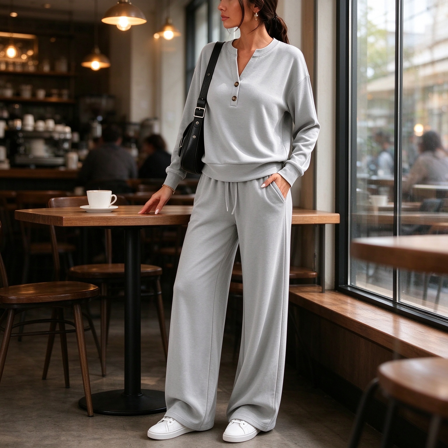 【FINAL DAY 50% OFF】Women’s Elegant Henley Two-Piece Set – Soft Relaxed Top & Wide-Leg Pants