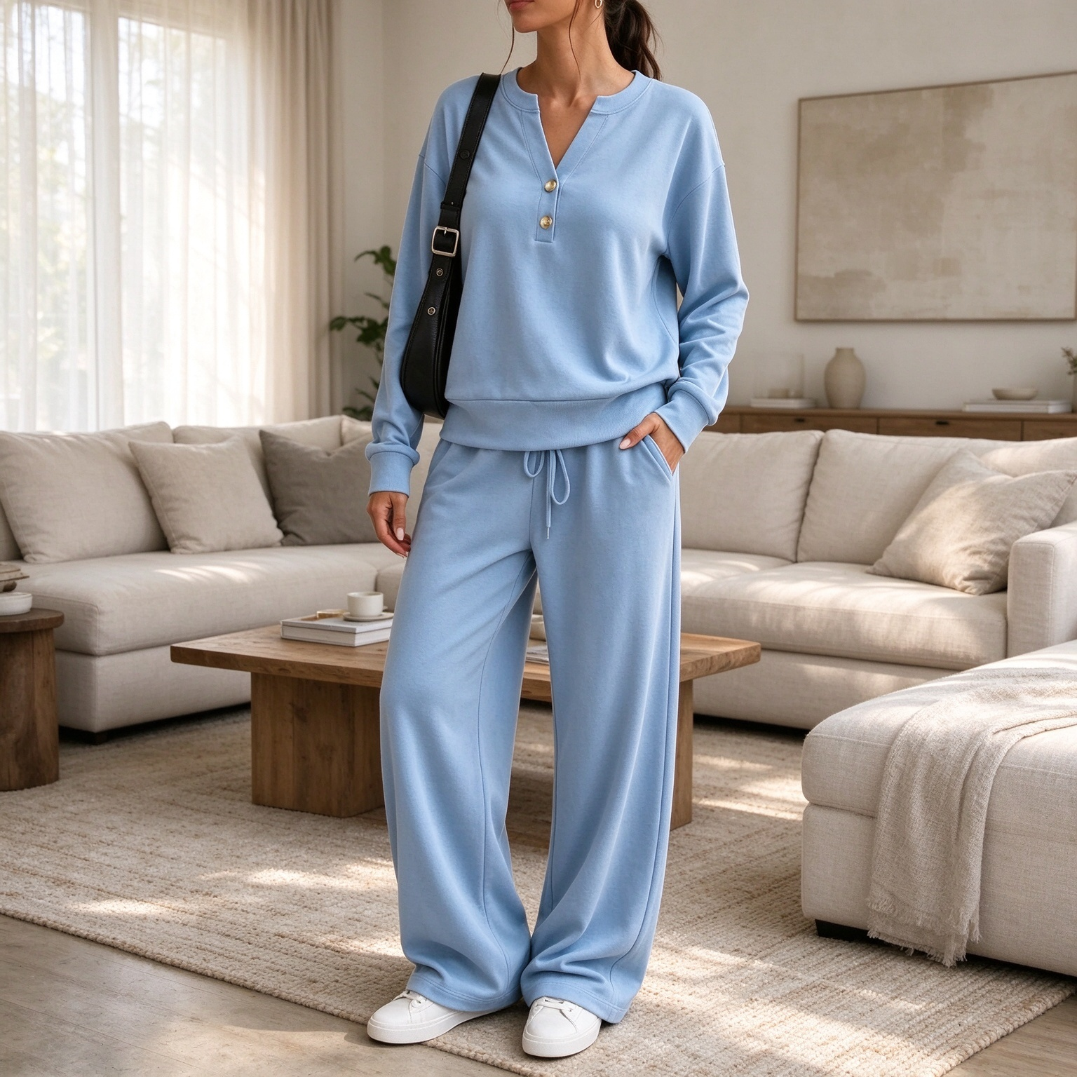 【FINAL DAY 50% OFF】Women’s Elegant Henley Two-Piece Set – Soft Relaxed Top & Wide-Leg Pants