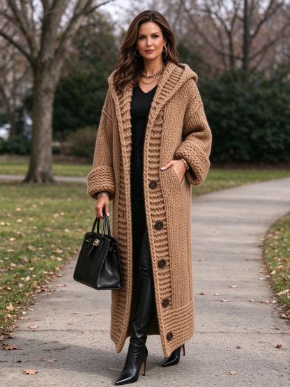 【Final Day 50% OFF】Women's Long Chunky Knit Hooded Cardigan – Relaxed Fit Casual Layer