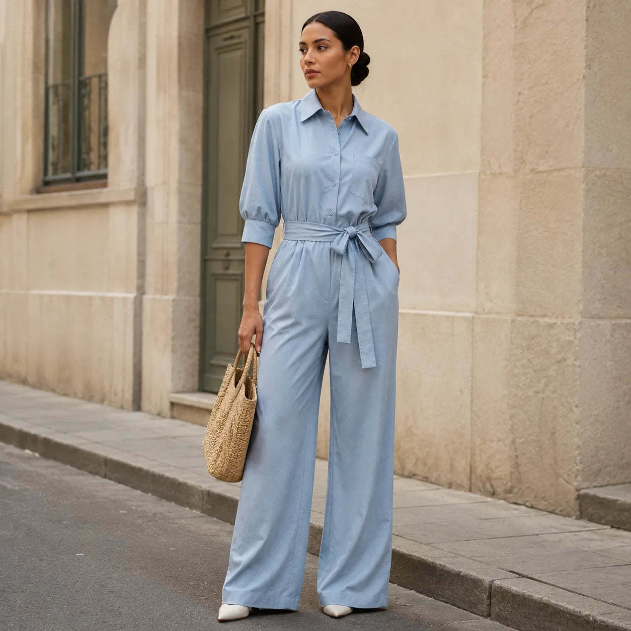 Solene – Belted Wide-Leg Shirt Jumpsuit with Tie Waist
