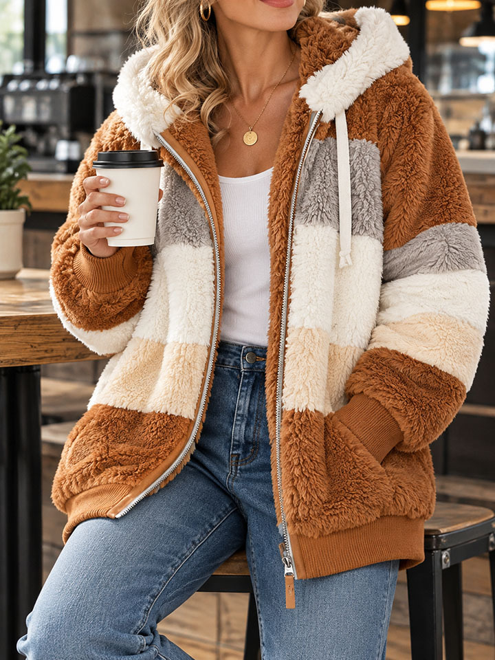 Women's Colorblock Teddy Fleece Hooded Jacket