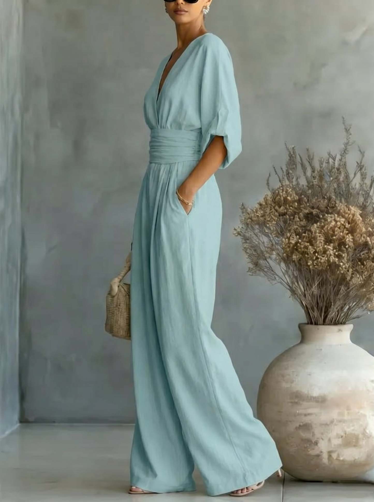 Elegant Vacation Casual Fashion V-neck Waist Jumpsuit