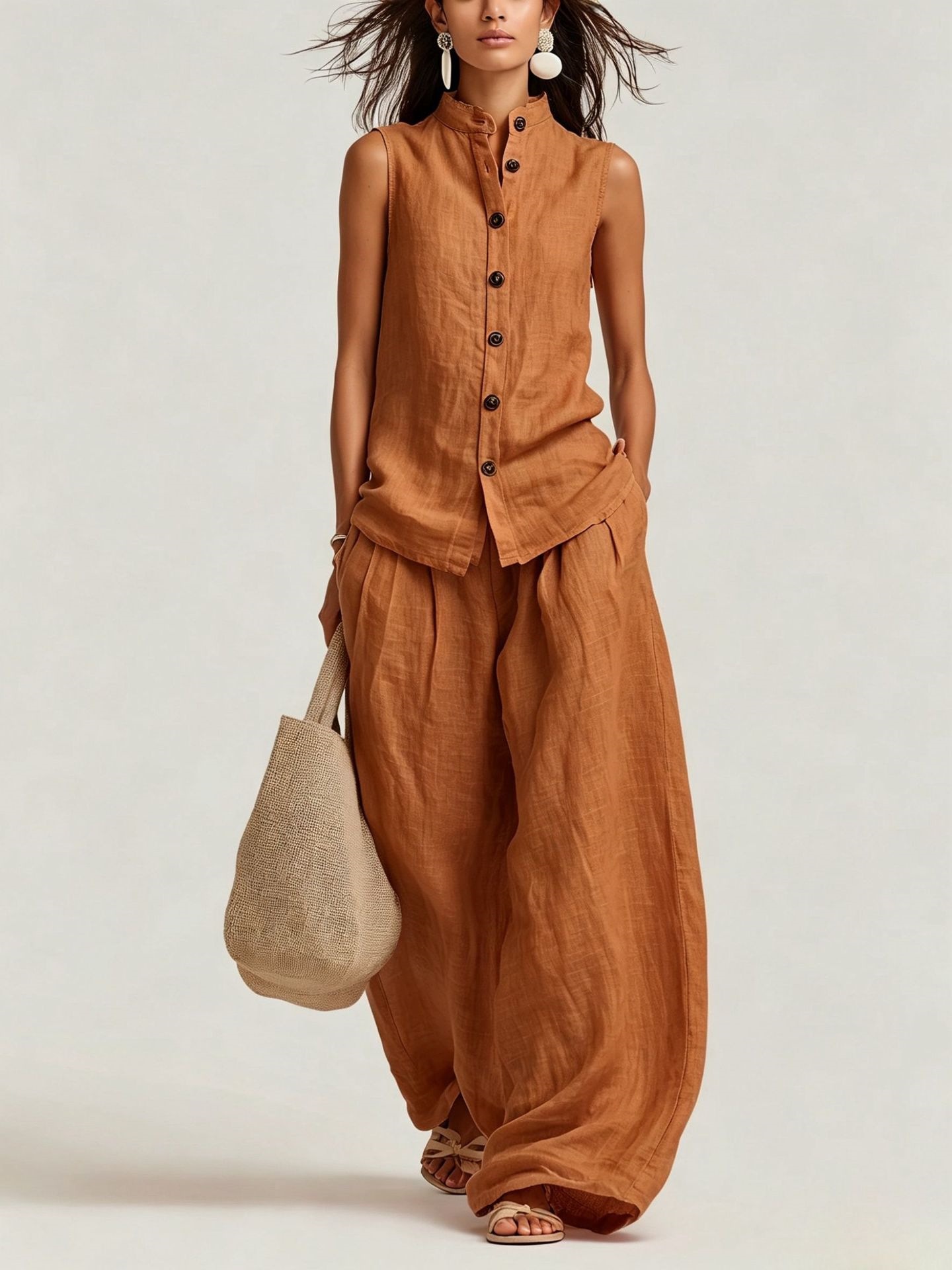 Women's Casual Cotton & Linen Sleeveless Top & Wide-Leg Pants Two-Piece Set