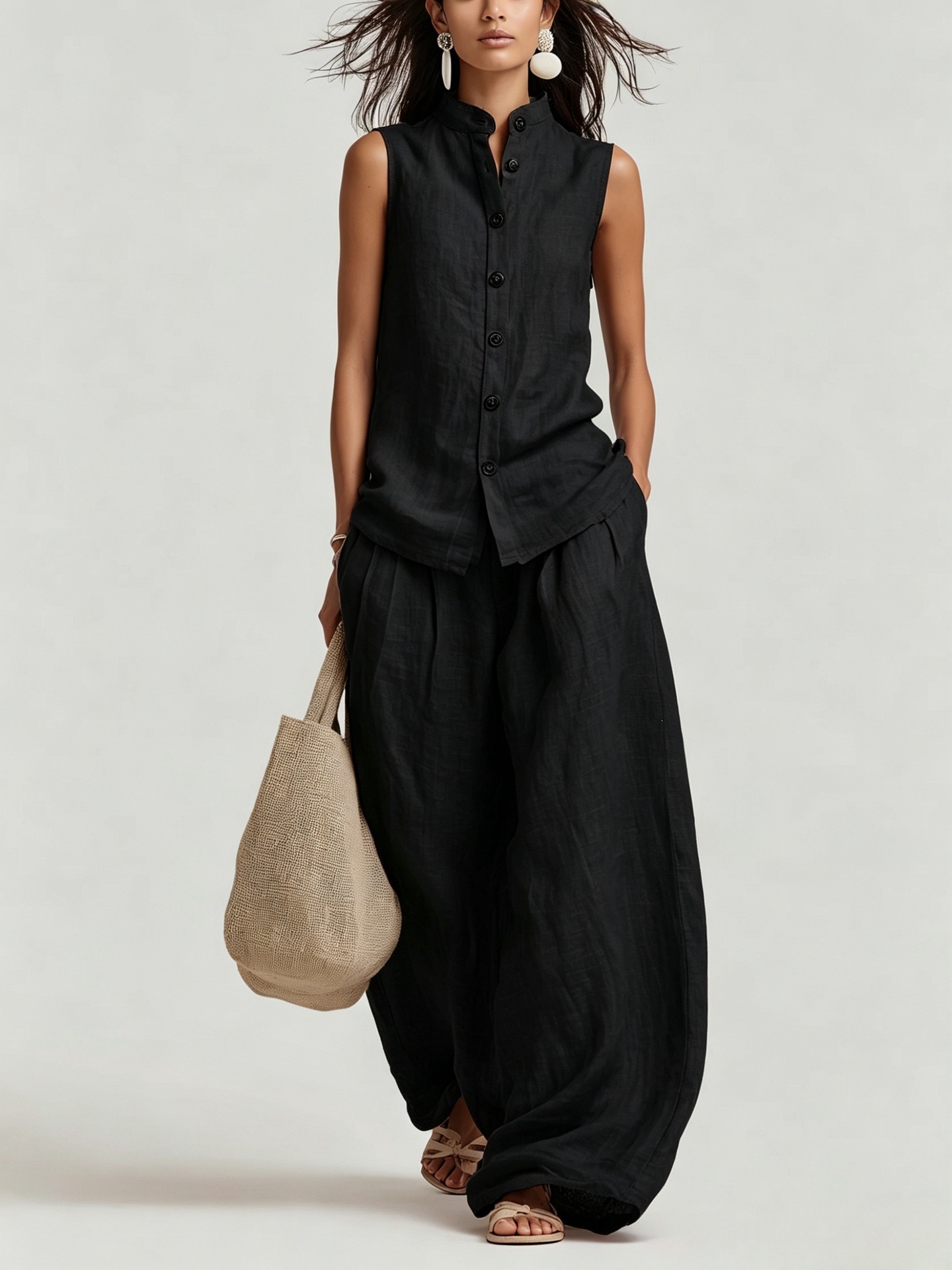 Women's Casual Cotton & Linen Sleeveless Top & Wide-Leg Pants Two-Piece Set