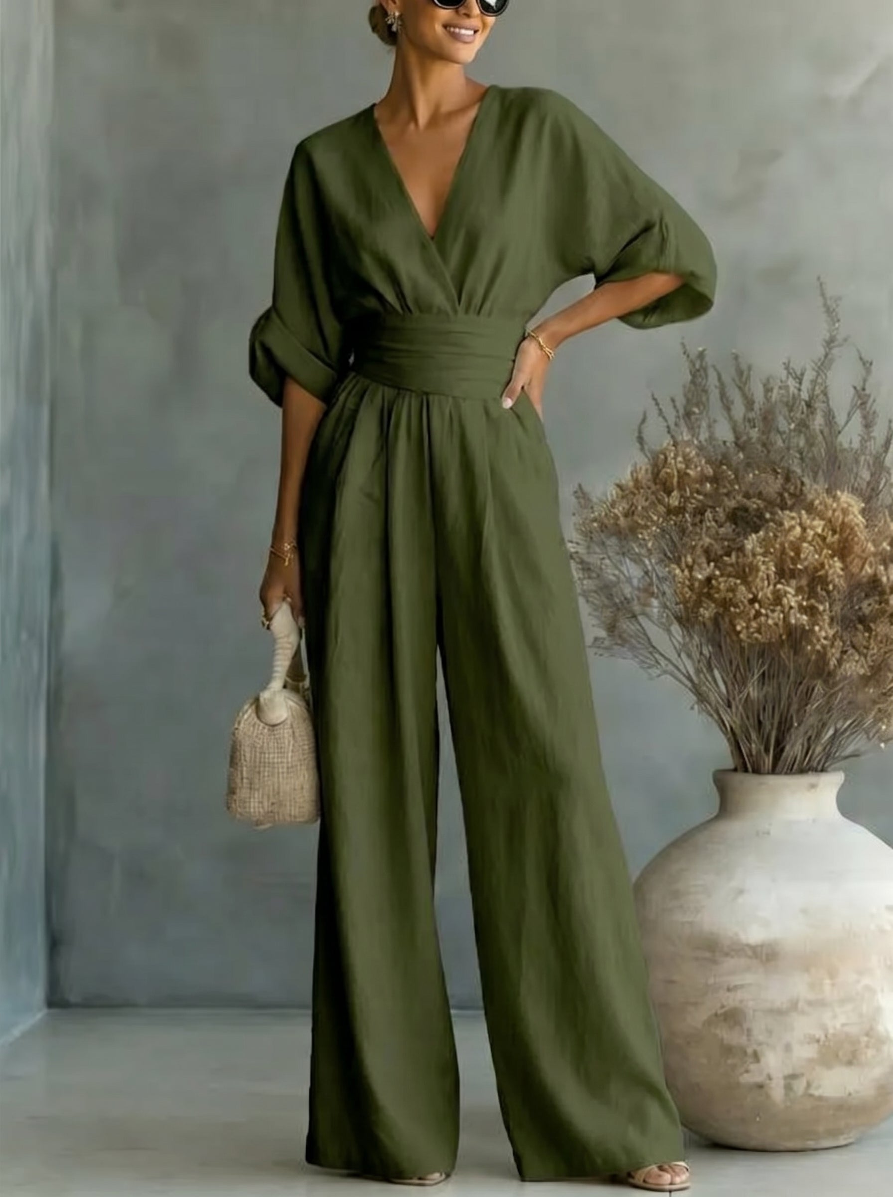 Elegant Vacation Casual Fashion V-neck Waist Jumpsuit