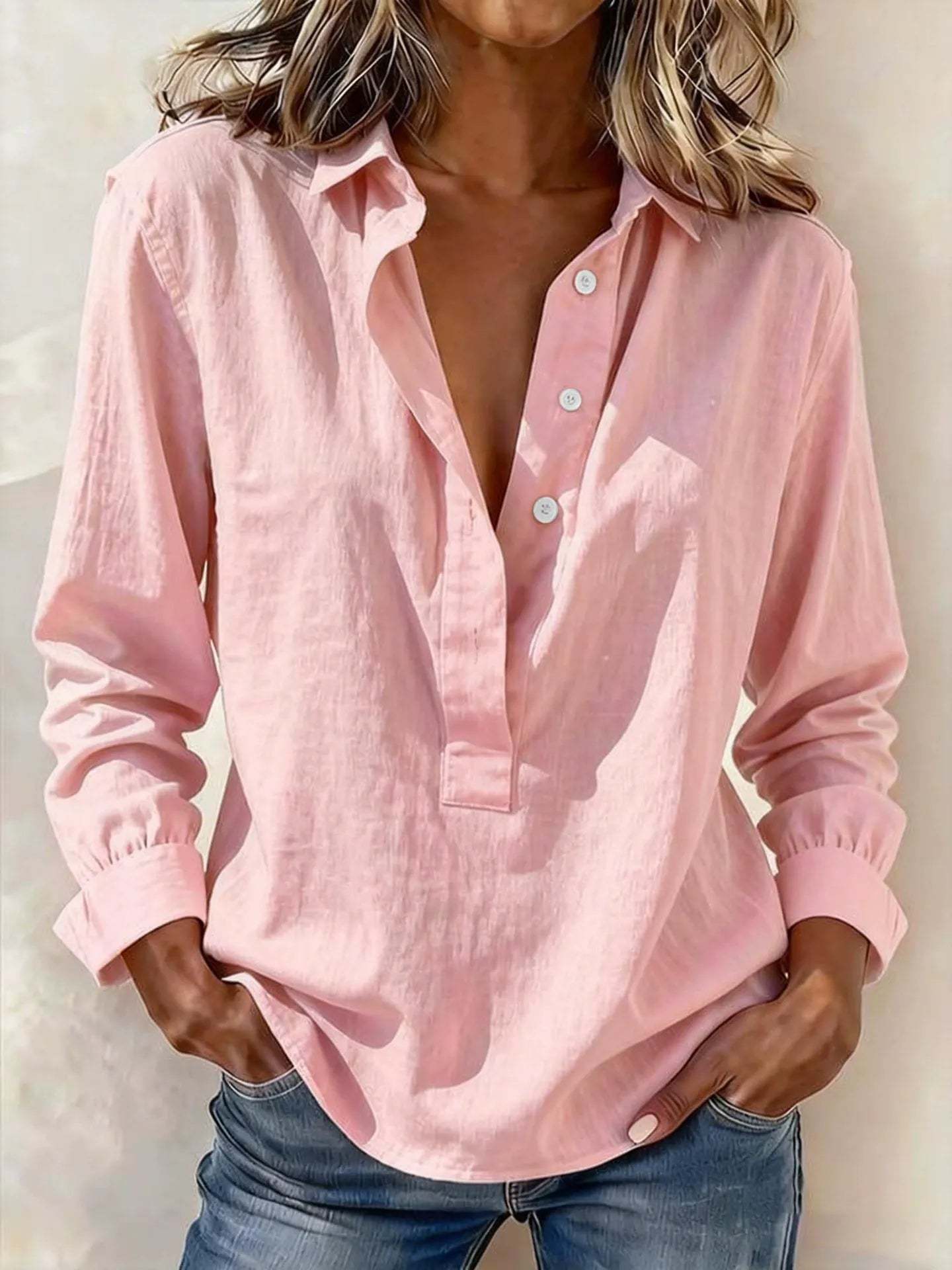 Casual Half-Button Slub Cotton Linen Blouse | Long Sleeve V-Neck Resort Shirt