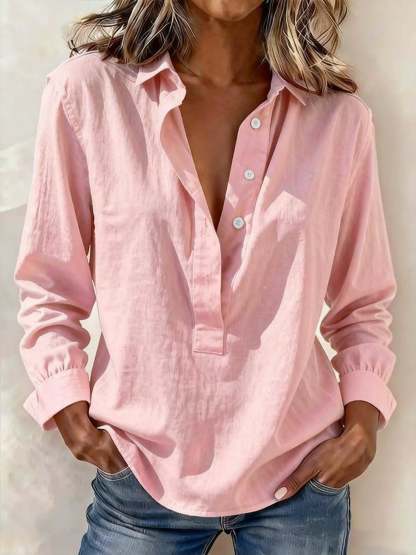Casual Half-Button Slub Cotton Linen Blouse | Long Sleeve V-Neck Resort Shirt