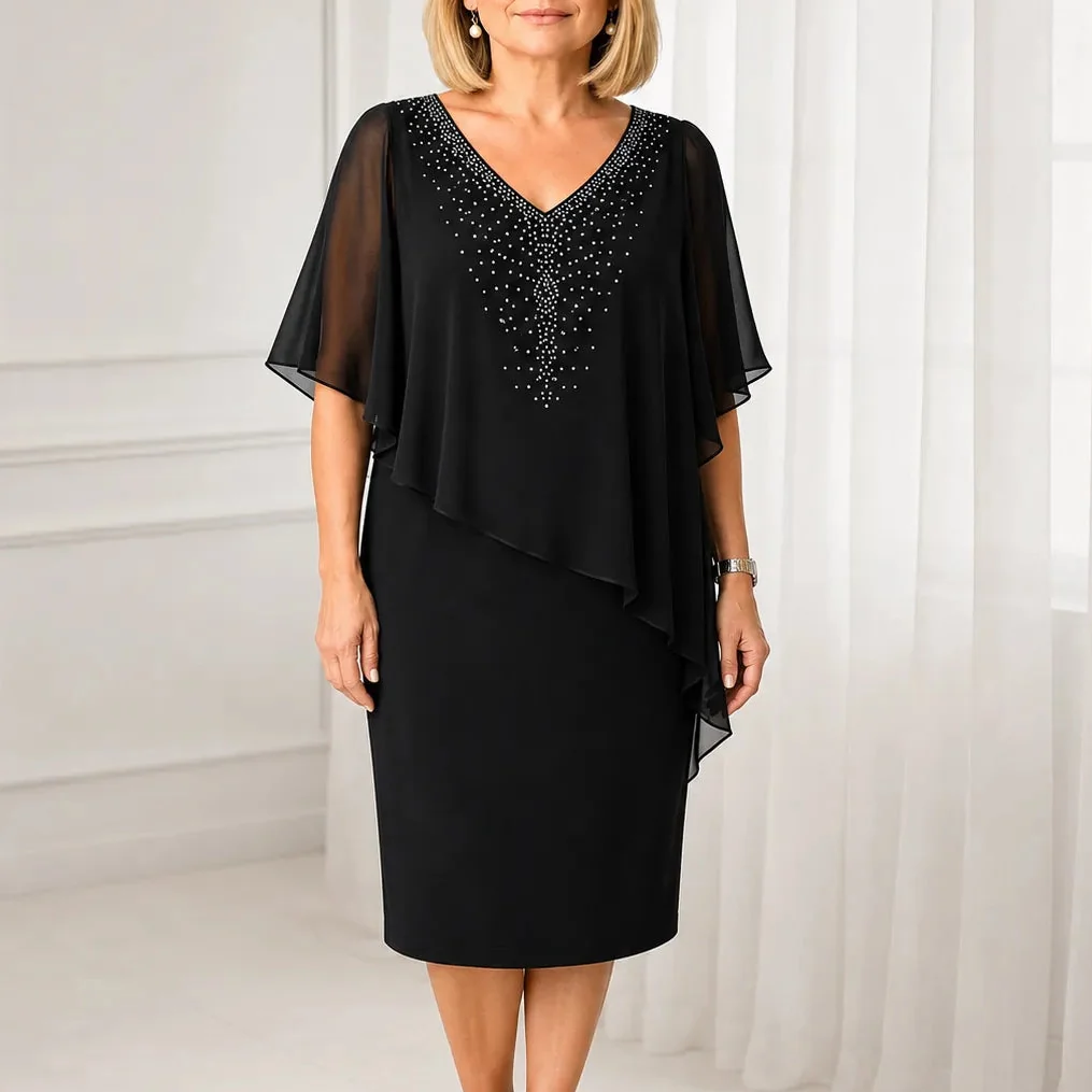 Rhinestone Look V-Neck Chiffon Like Cape Midi Dress