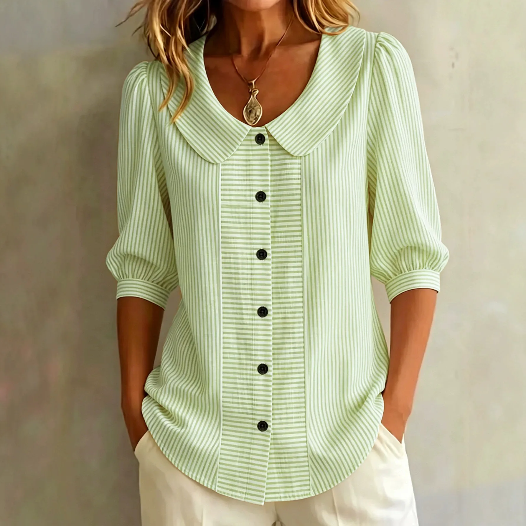 Women’s Peter Pan Collar Striped Button-Up Blouse with Puff Sleeves