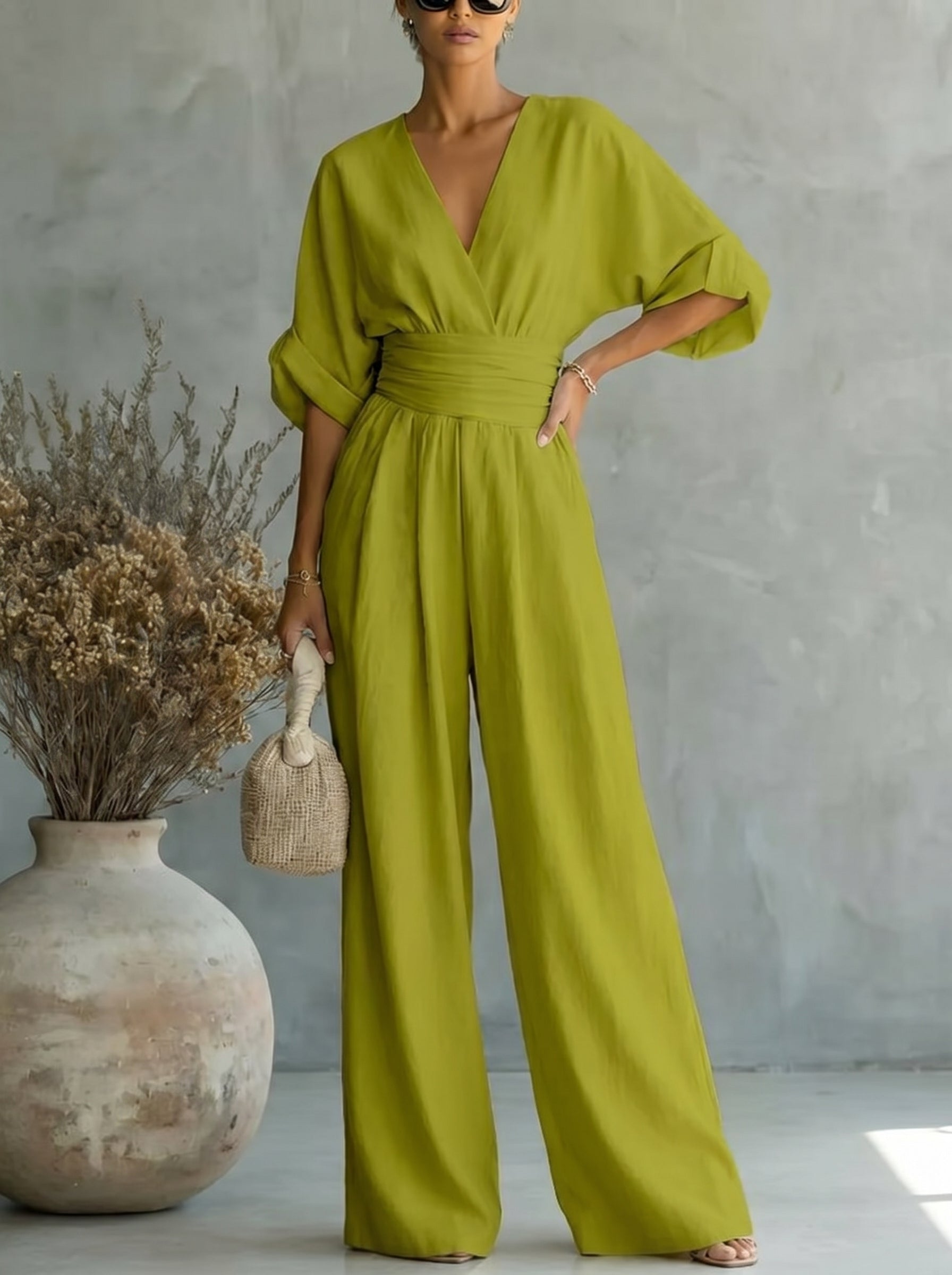 Elegant Vacation Casual Fashion V-neck Waist Jumpsuit