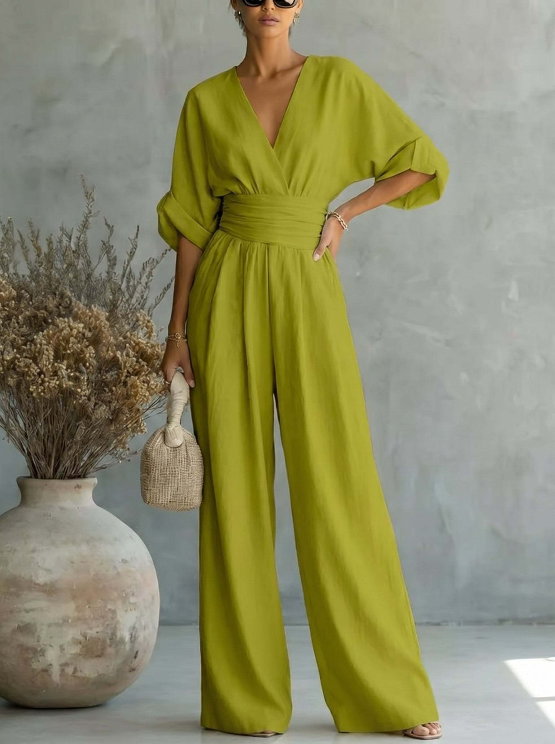 Elegant Vacation Casual Fashion V-neck Waist Jumpsuit
