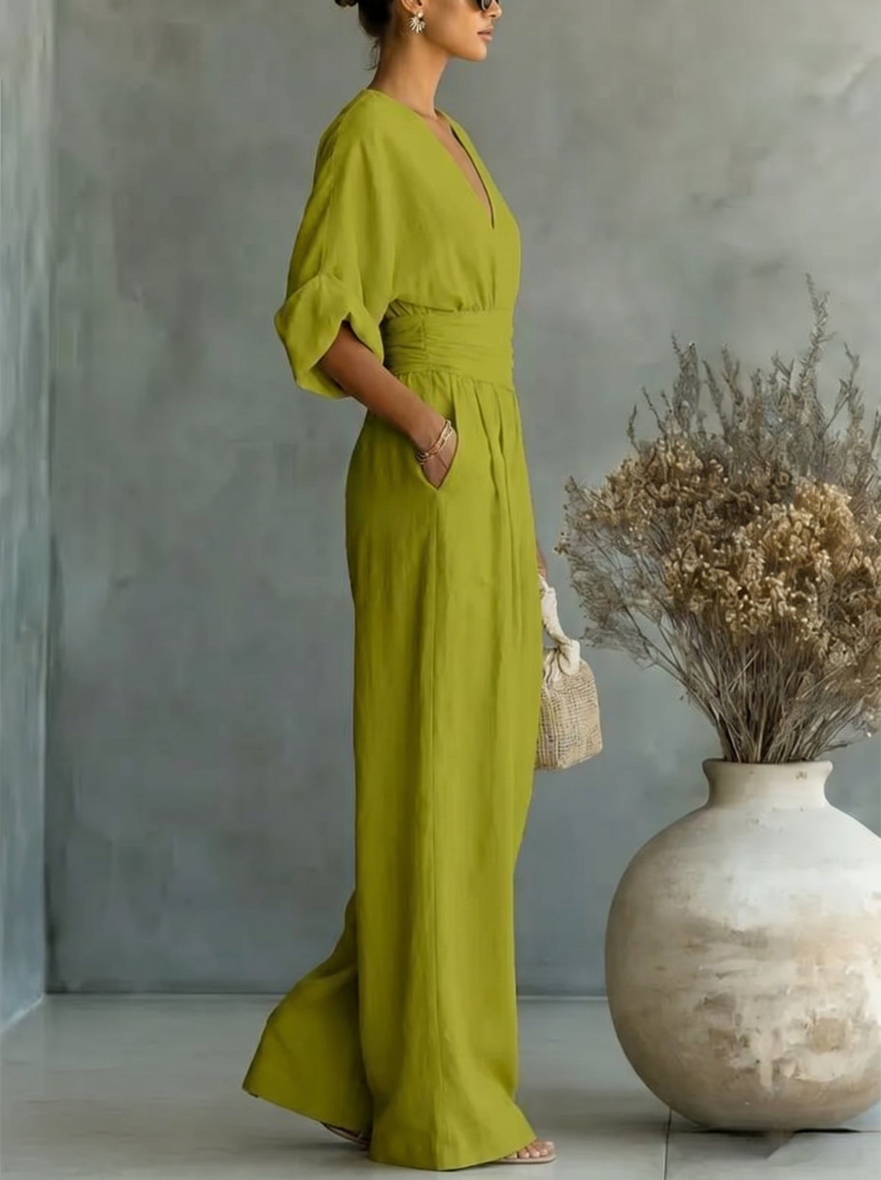 Elegant Vacation Casual Fashion V-neck Waist Jumpsuit