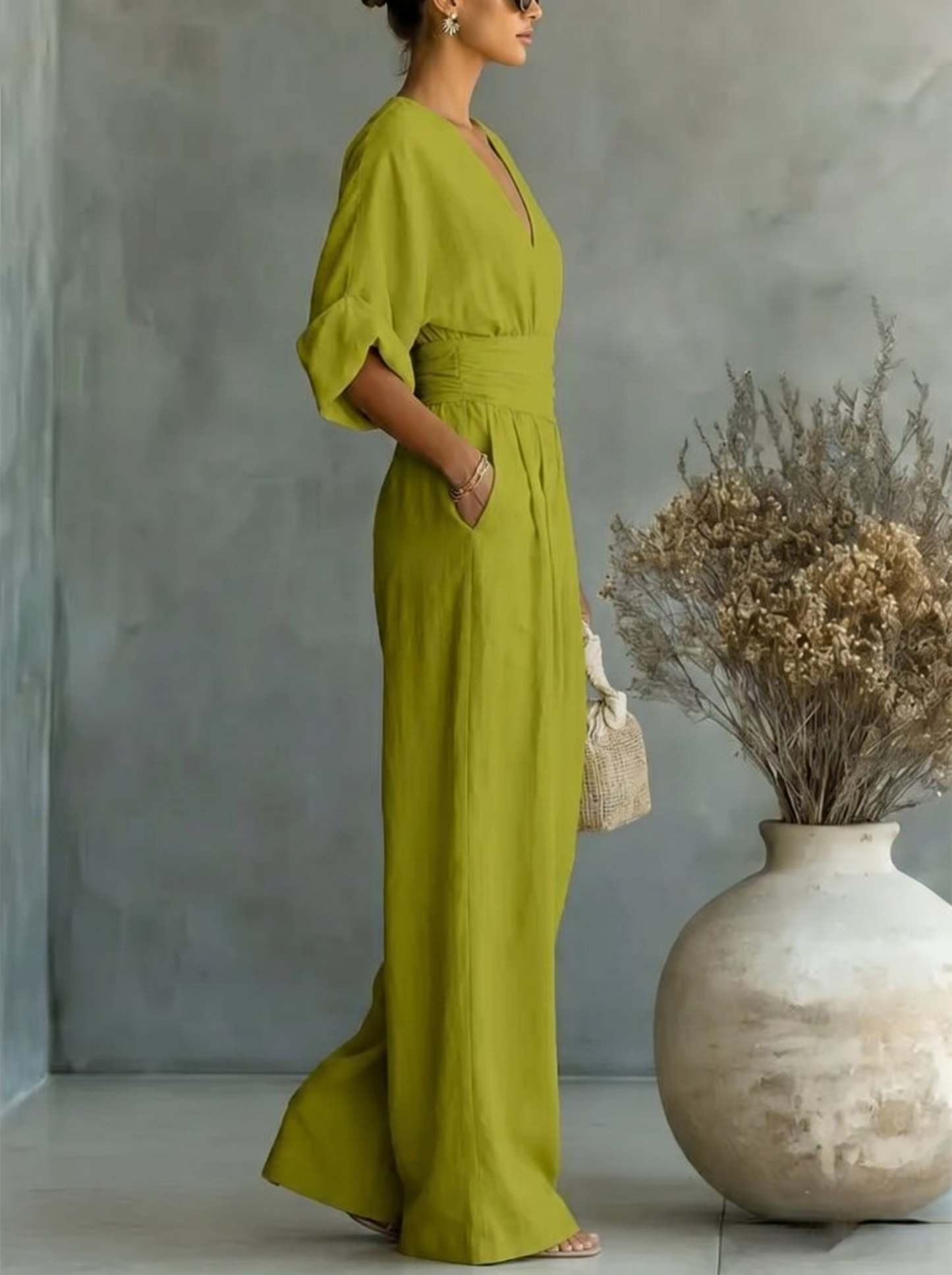 Elegant Vacation Casual Fashion V-neck Waist Jumpsuit