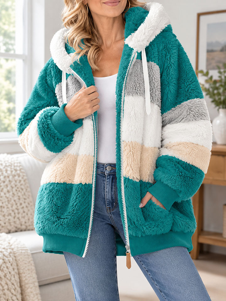 Women's Colorblock Teddy Fleece Hooded Jacket