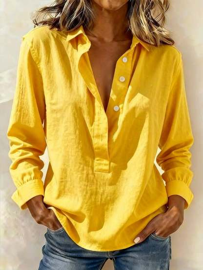 Casual Half-Button Slub Cotton Linen Blouse | Long Sleeve V-Neck Resort Shirt