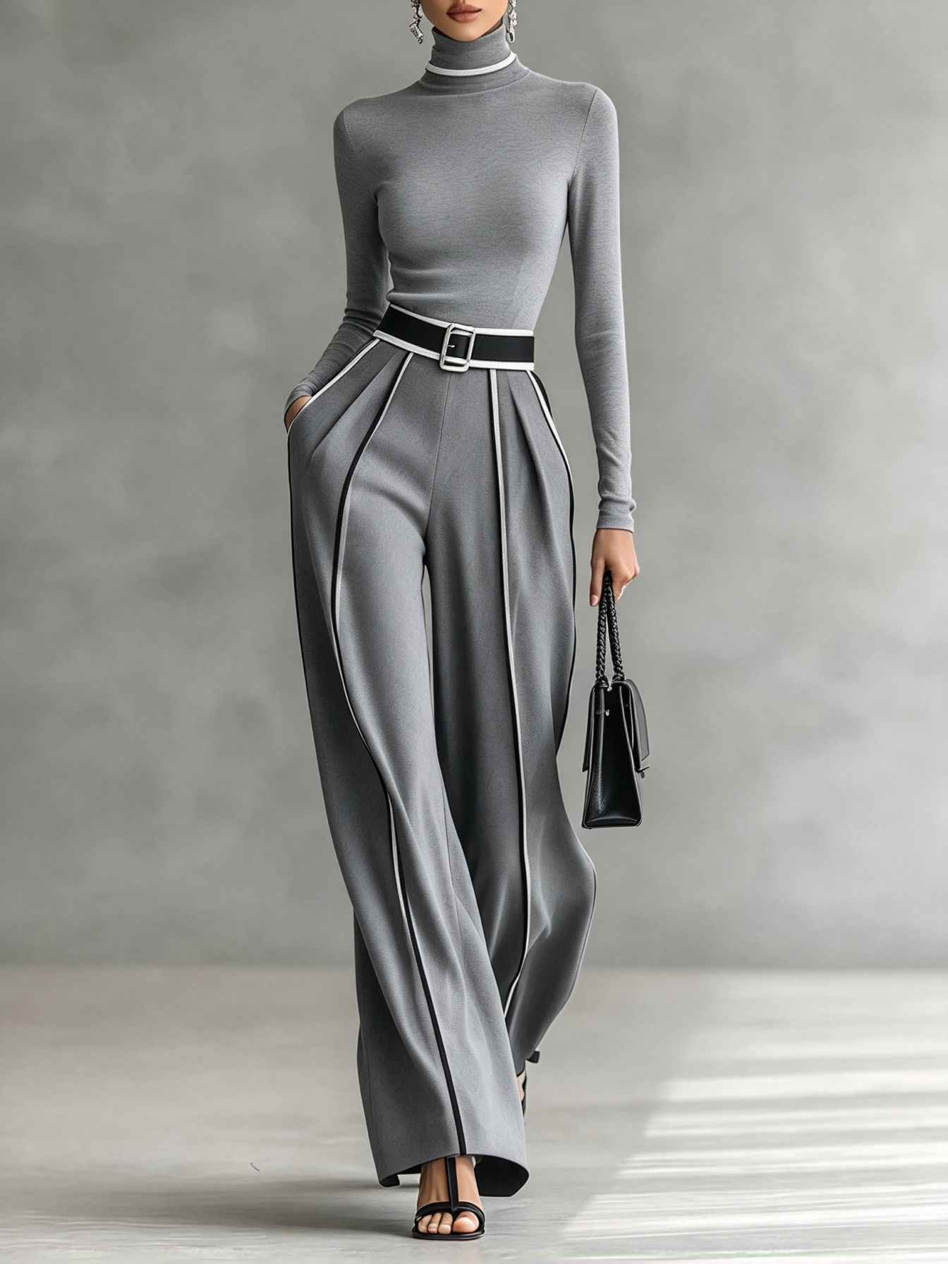 Long Sleeve High Neck Top Set with White Trim, Wide Leg Pants and Belt