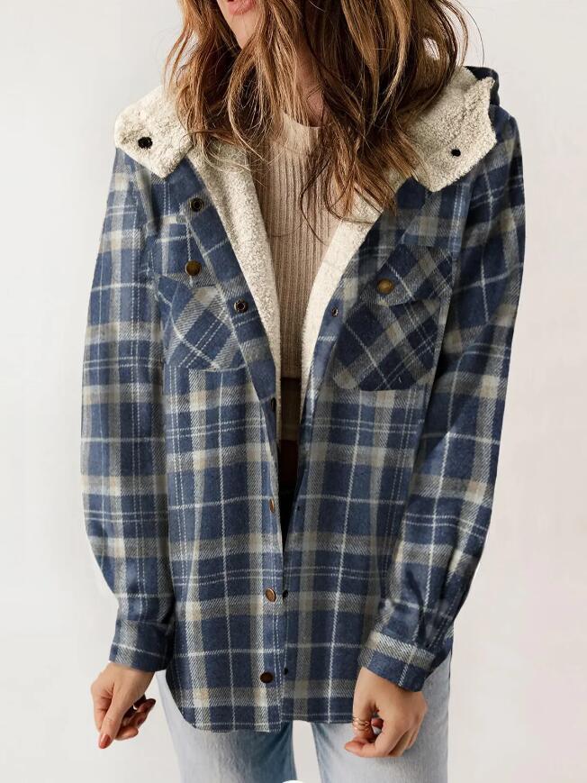 Women's Plaid Houndstooth Hooded Coat for Fall & Winter