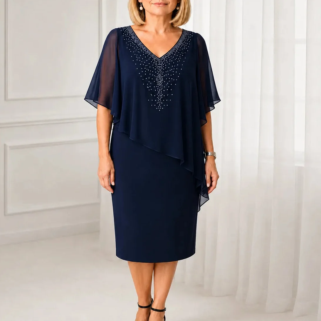 Rhinestone Look V-Neck Chiffon Like Cape Midi Dress