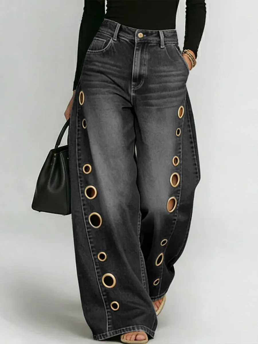 50% OFF Retro Graphic Print Wide Leg Pants Stylish Hollow Out Grommet Denim Trousers