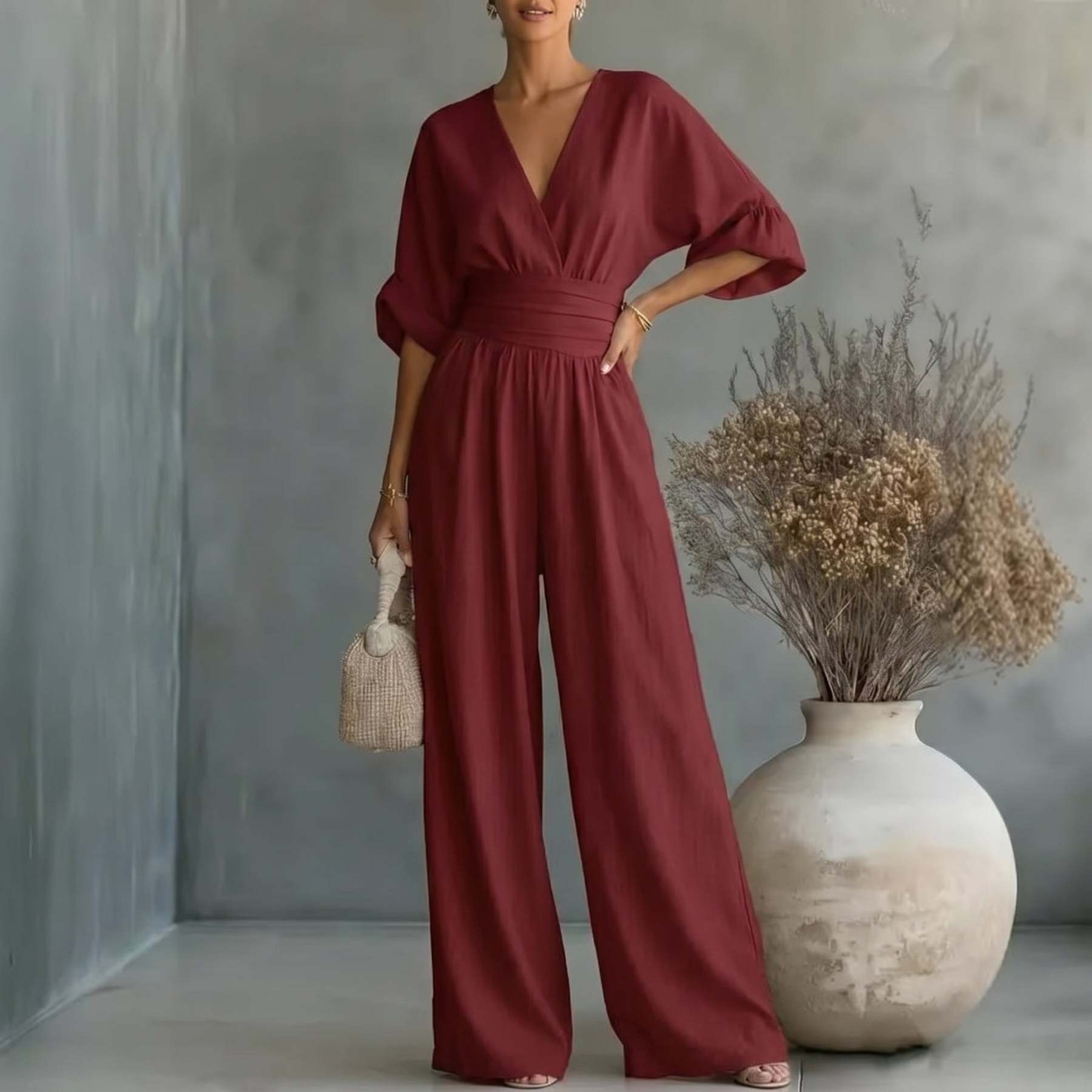 Elegant Vacation Casual Fashion V-neck Waist Jumpsuit