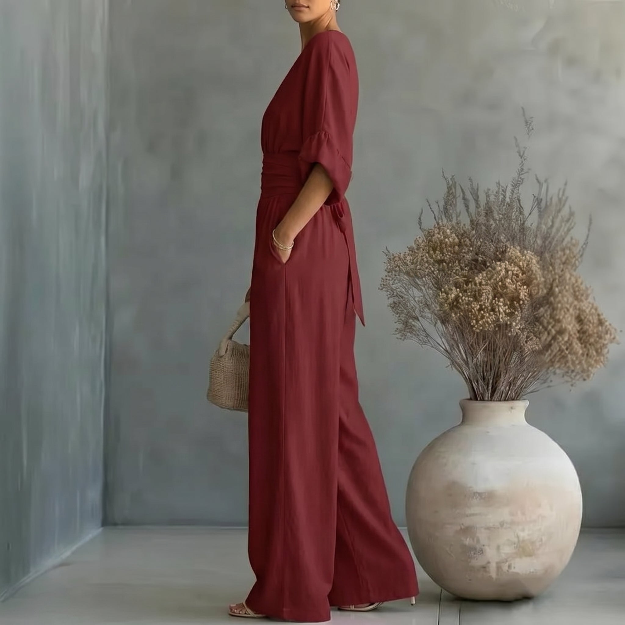 Elegant Vacation Casual Fashion V-neck Waist Jumpsuit