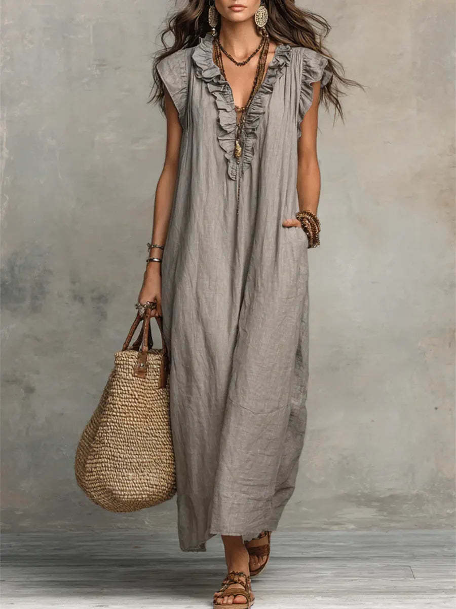 Women's Solid Color Ruffled Art Casual Fashion Cozy Cotton Linen Dress