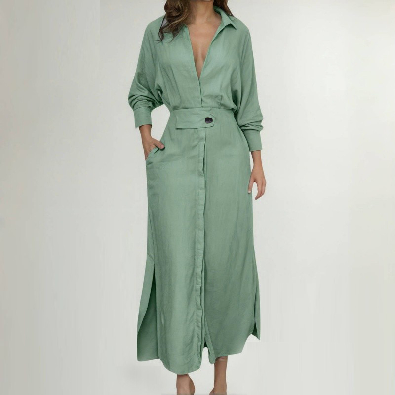 Lace-up Solid Color Waist Long Sleeve Irregular Shirt Dress
