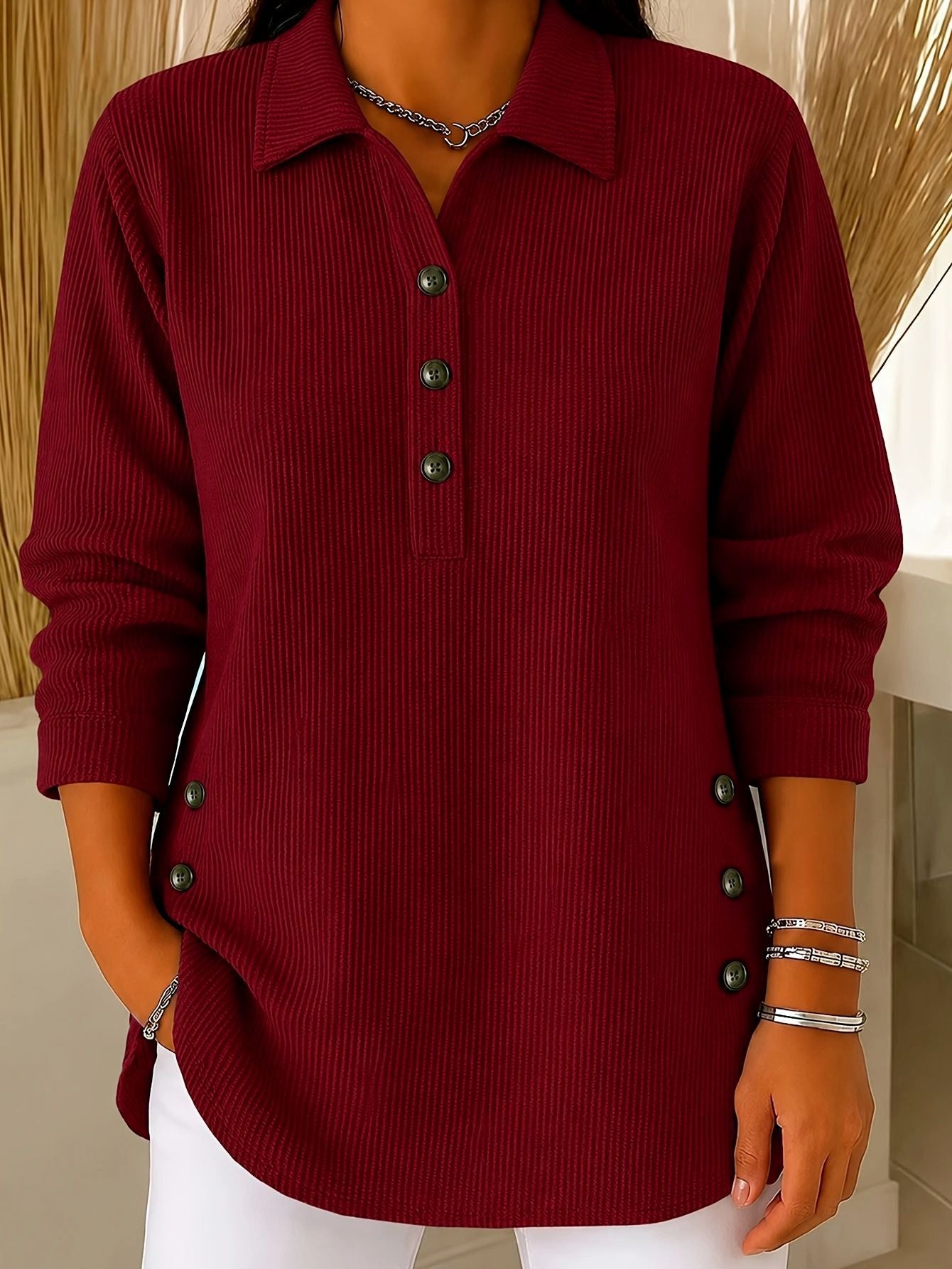 Asymmetric Hem Loose Casual Top – Women's Long-Sleeve Ribbed Sweatshirt