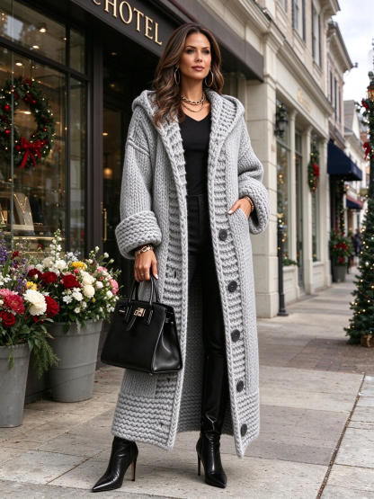 【Final Day 50% OFF】Women's Long Chunky Knit Hooded Cardigan – Relaxed Fit Casual Layer