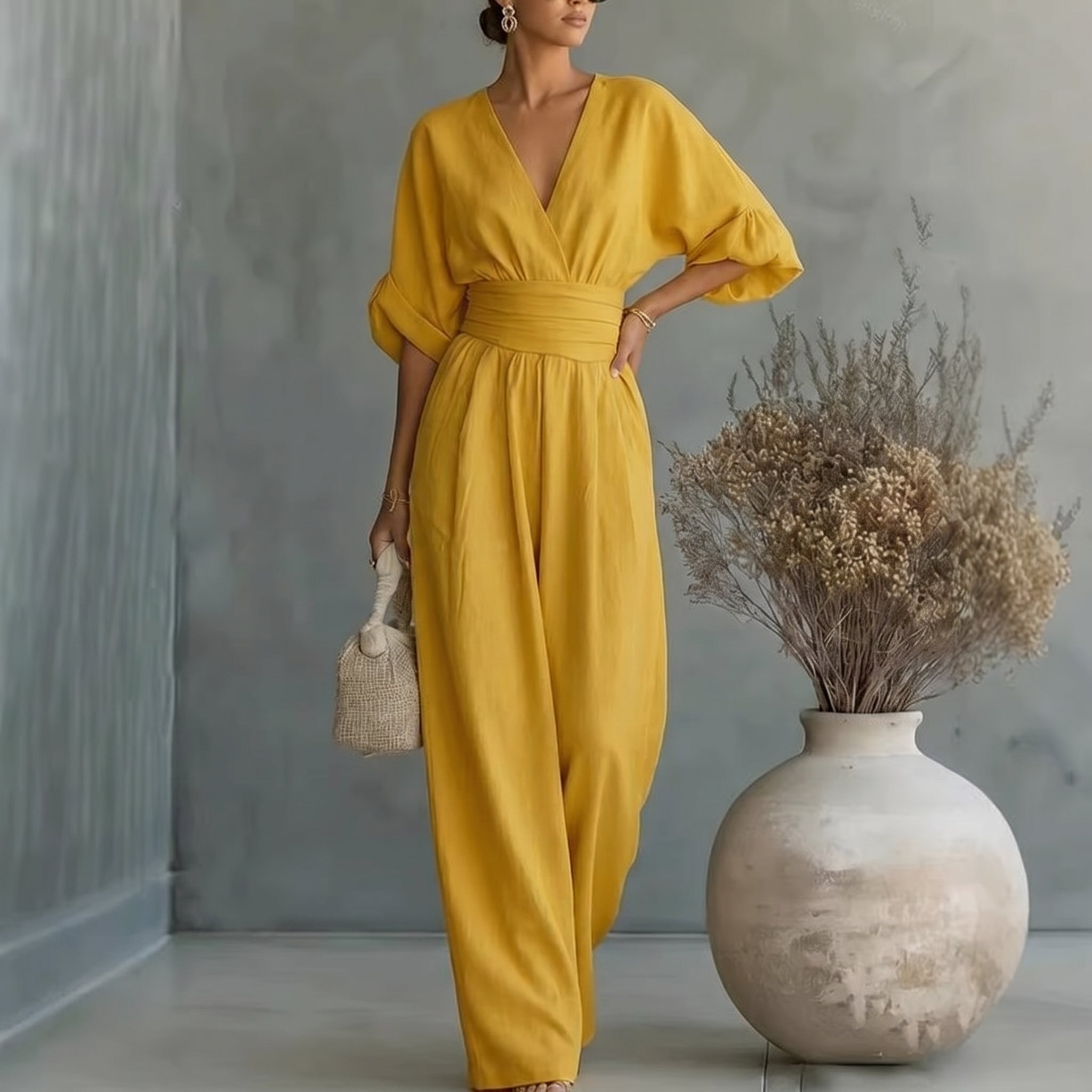 Elegant Vacation Casual Fashion V-neck Waist Jumpsuit
