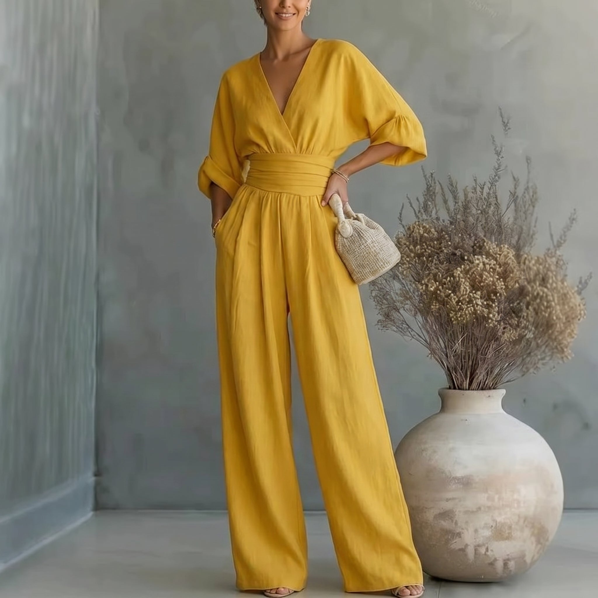 Elegant Vacation Casual Fashion V-neck Waist Jumpsuit