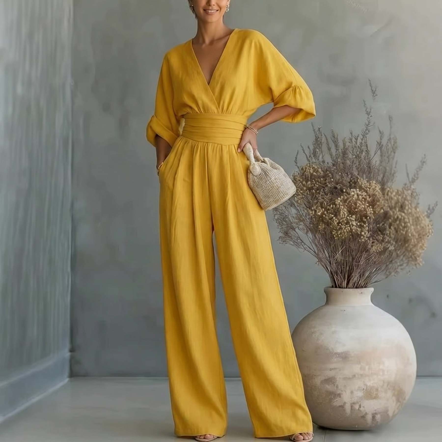 Elegant Vacation Casual Fashion V-neck Waist Jumpsuit