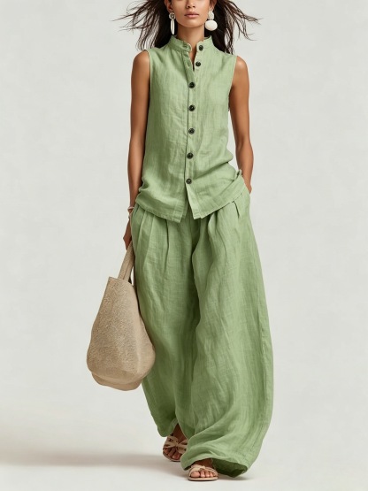 Women's Casual Cotton & Linen Sleeveless Top & Wide-Leg Pants Two-Piece Set