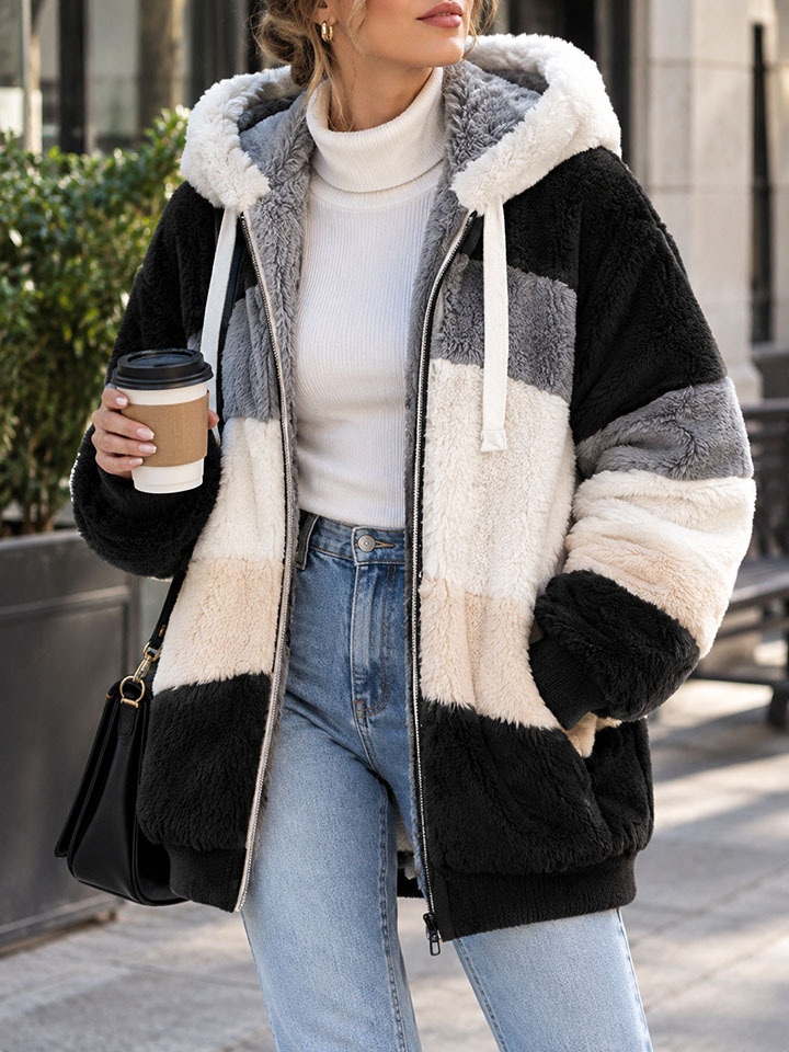 Women's Colorblock Teddy Fleece Hooded Jacket