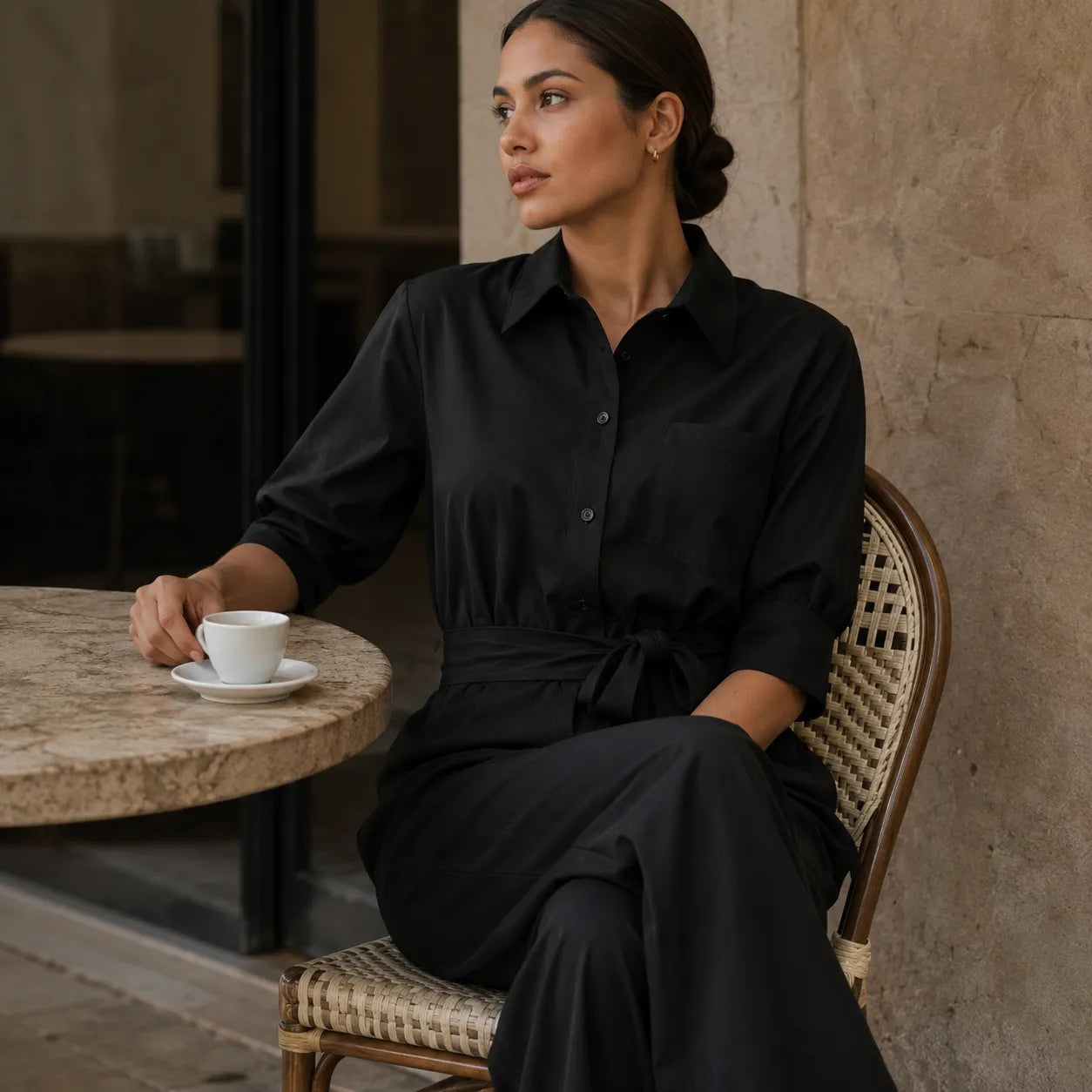 Solene – Belted Wide-Leg Shirt Jumpsuit with Tie Waist
