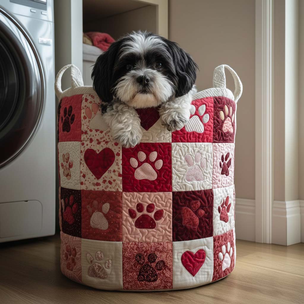 Paw Hearts Quilted Laundry Basket GFTOQM1763