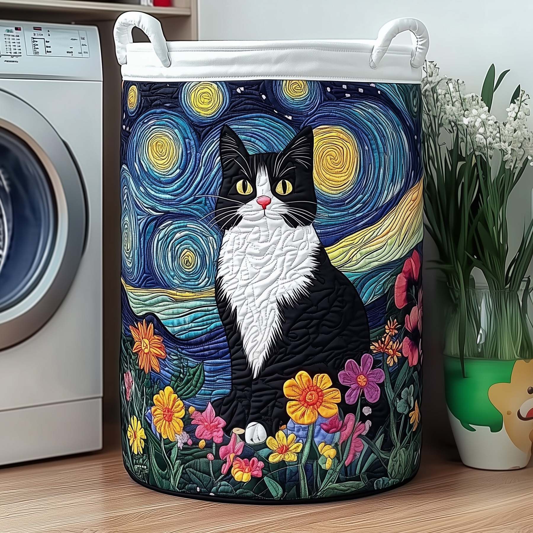 Cat Under Starry Night Quilted Laundry Basket GFTOXM283