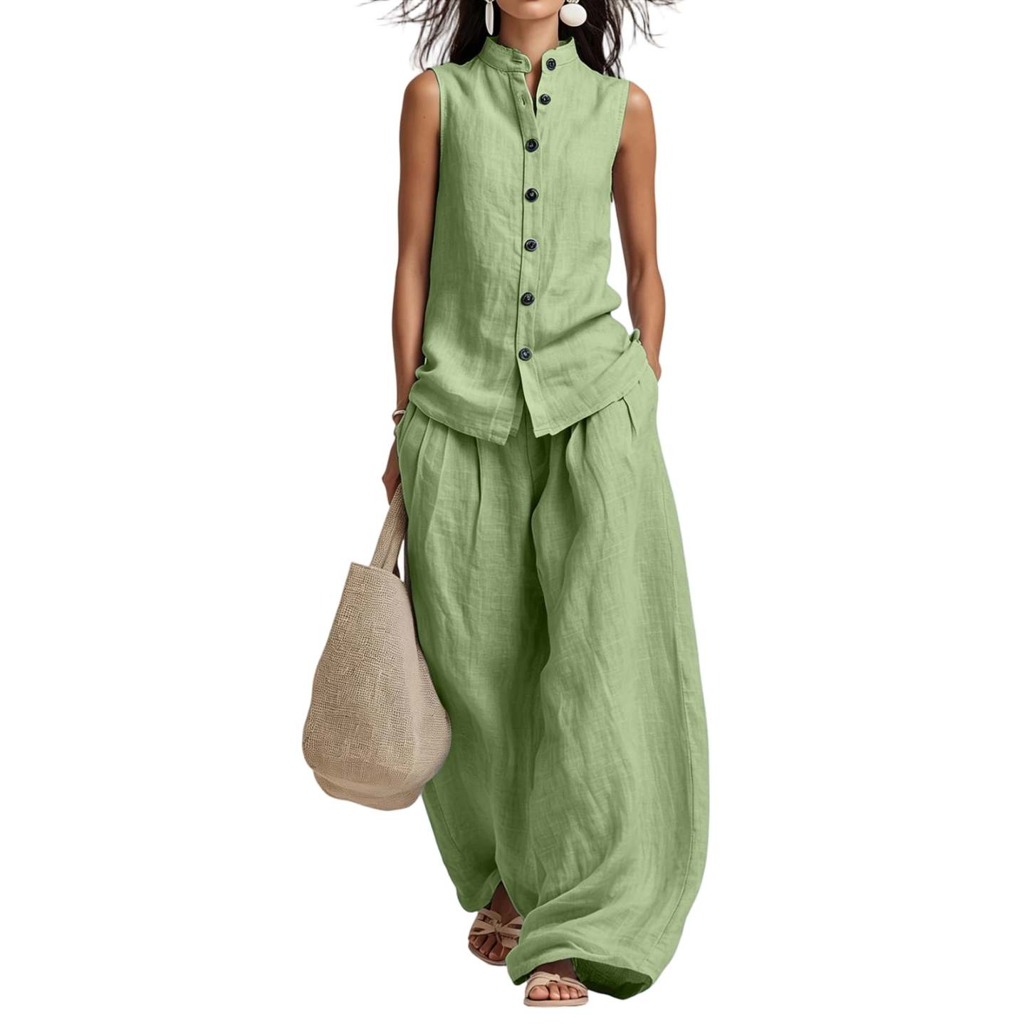 Women's Casual Cotton & Linen Sleeveless Top & Wide-Leg Pants Two-Piece Set