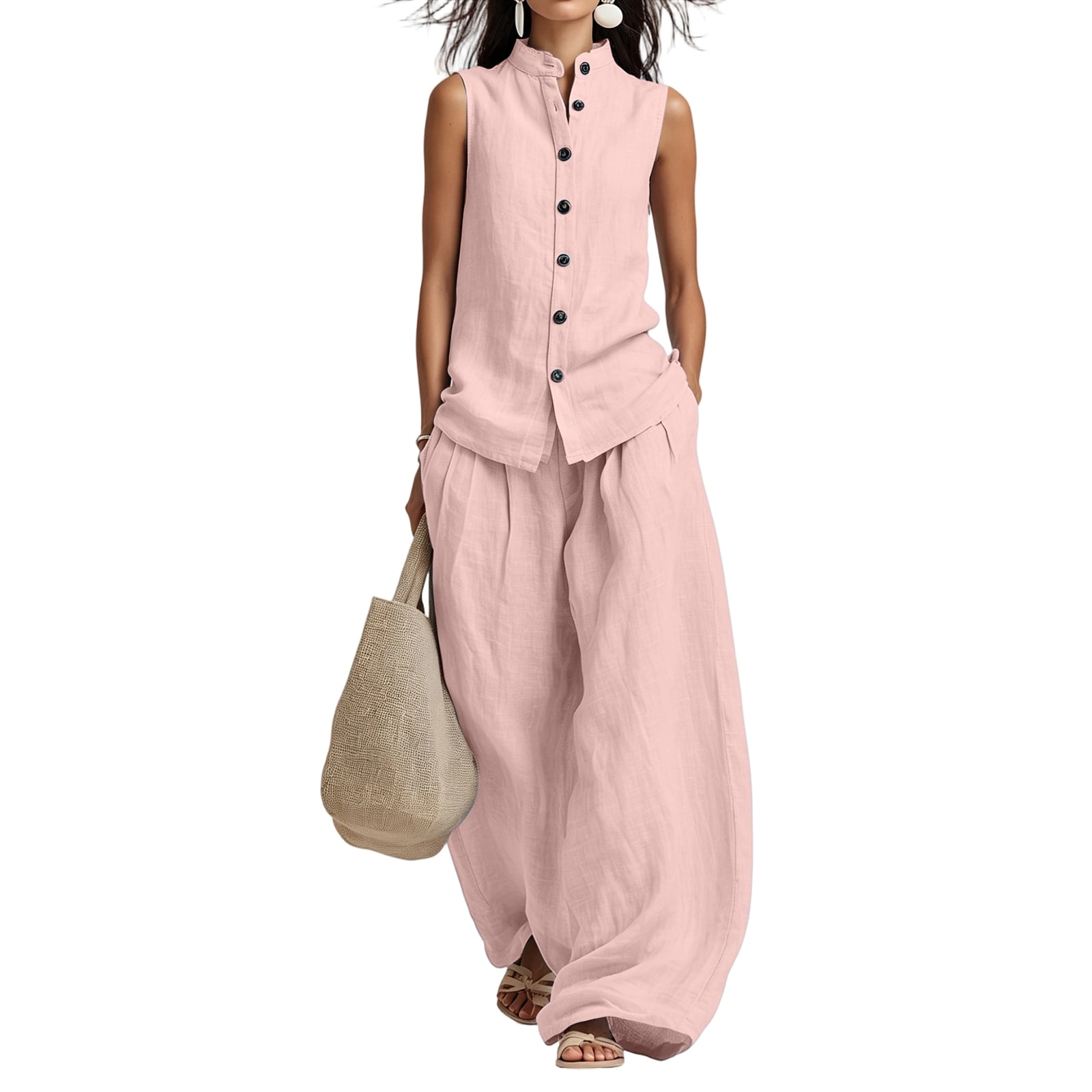 Women's Casual Cotton & Linen Sleeveless Top & Wide-Leg Pants Two-Piece Set