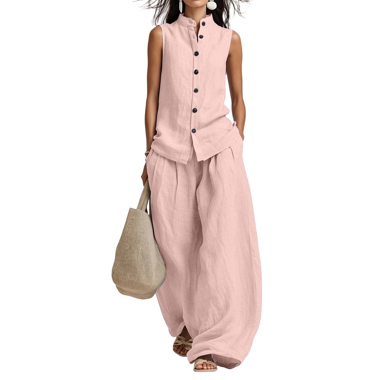 Women's Casual Cotton & Linen Sleeveless Top & Wide-Leg Pants Two-Piece Set