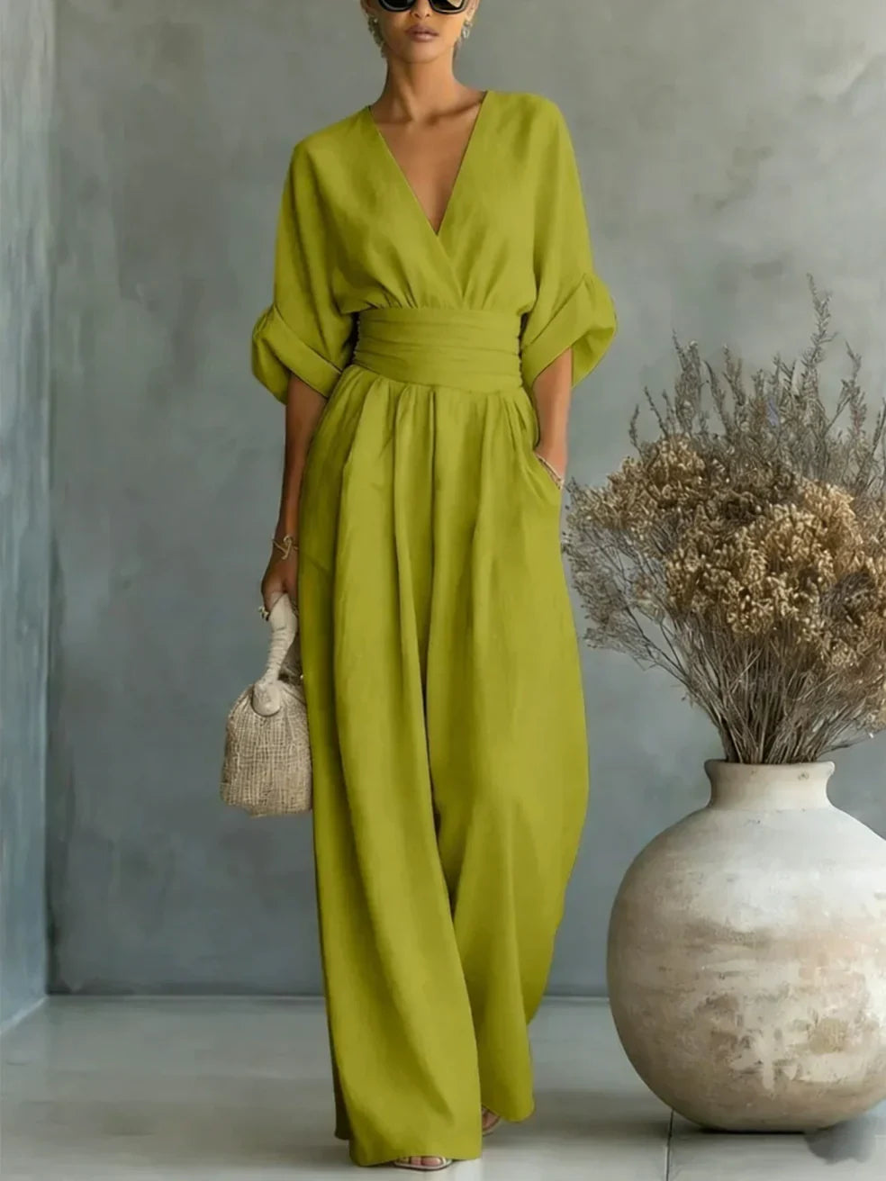 Elegant Vacation Casual Fashion V-neck Waist Jumpsuit