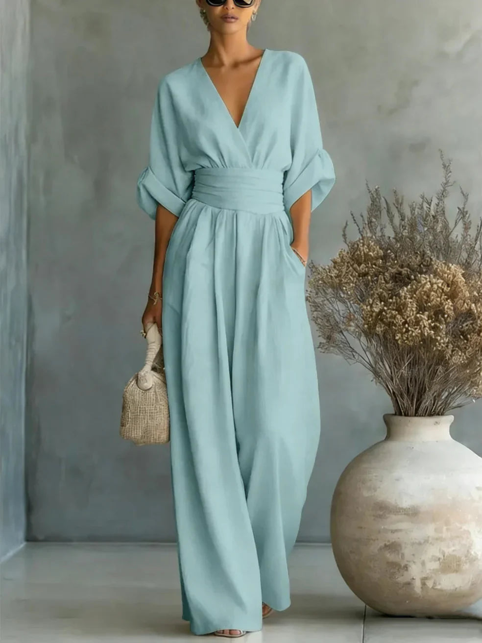 Elegant Vacation Casual Fashion V-neck Waist Jumpsuit