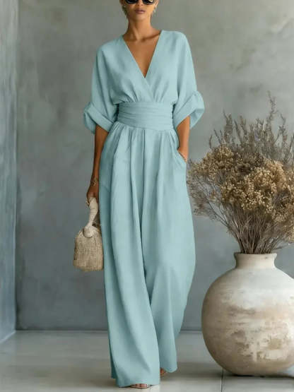 Elegant Vacation Casual Fashion V-neck Waist Jumpsuit