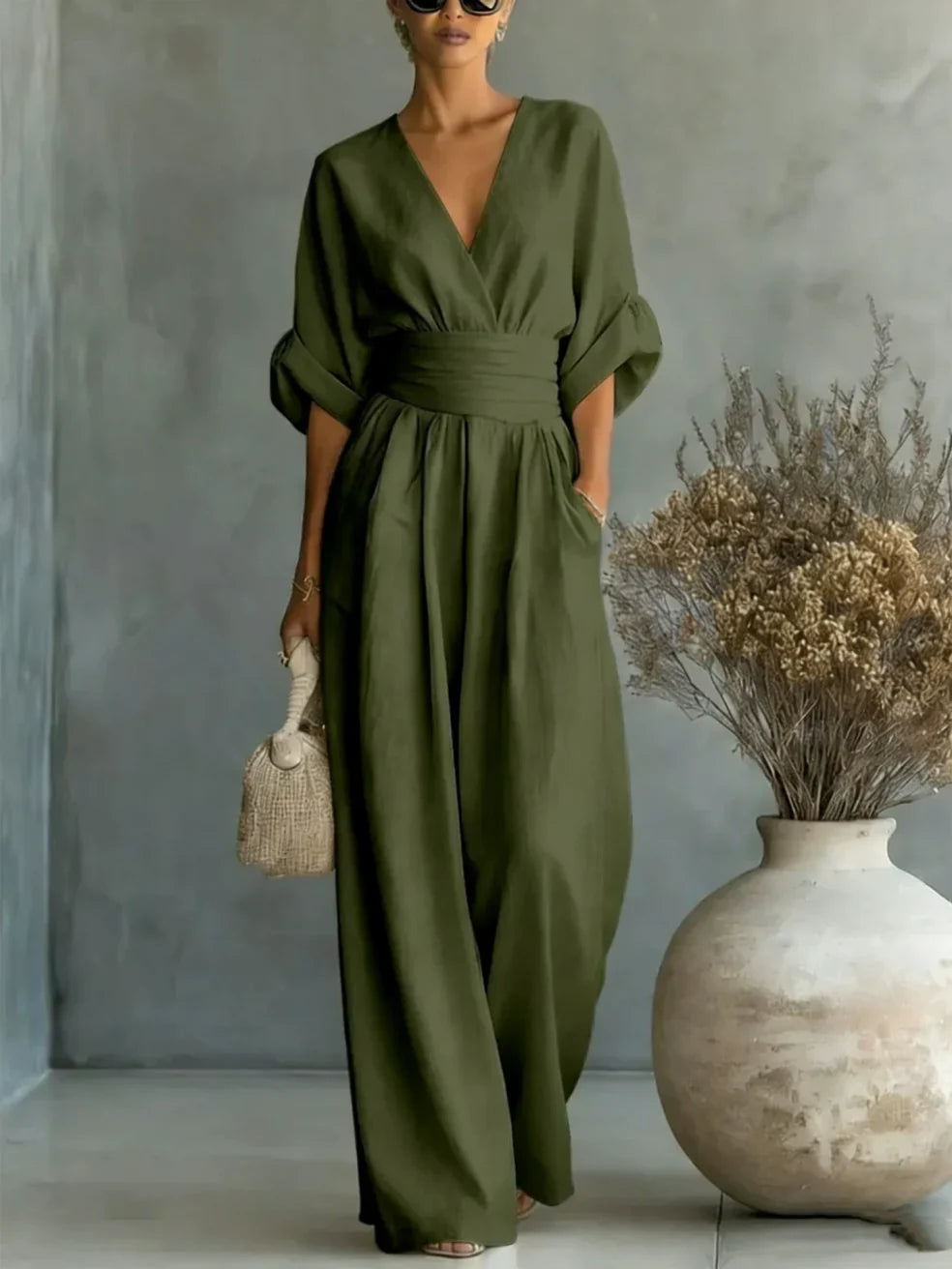 Elegant Vacation Casual Fashion V-neck Waist Jumpsuit