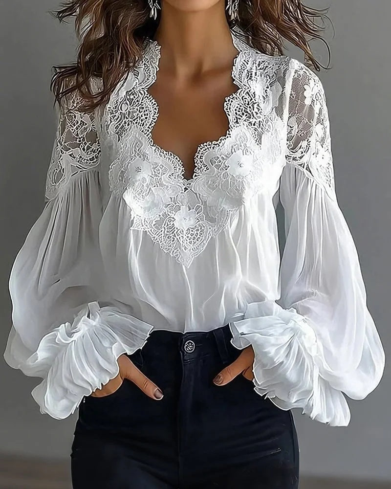 Damen Bluse Mit Langen Puffärmeln Und Spitze – Elegantes Vintage Oberteil