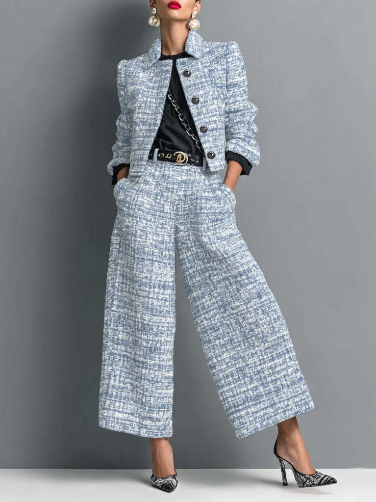 Tweed Cropped Jacket & High Waist Wide Leg Pants 2 Piece Set