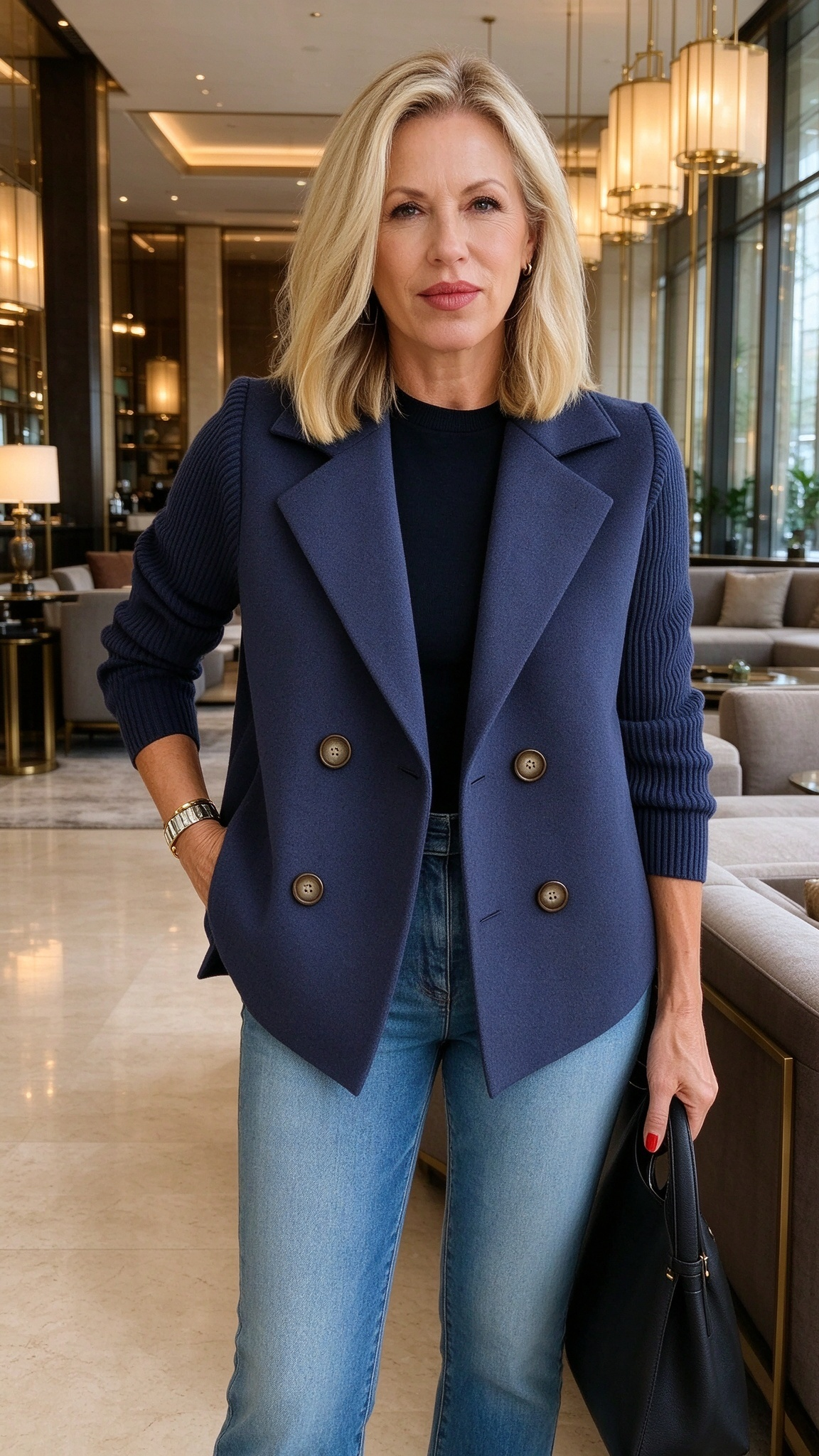 Women's Soft Knit Double-Breasted Blazer – Relaxed Tailored Jacket for Work, Travel, Dinner & Everyday Style