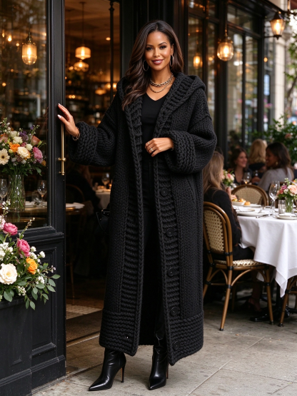 【Final Day 50% OFF】Women's Long Chunky Knit Hooded Cardigan – Relaxed Fit Casual Layer