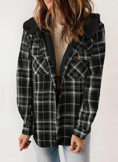 Women's Plaid Houndstooth Hooded Coat for Fall & Winter