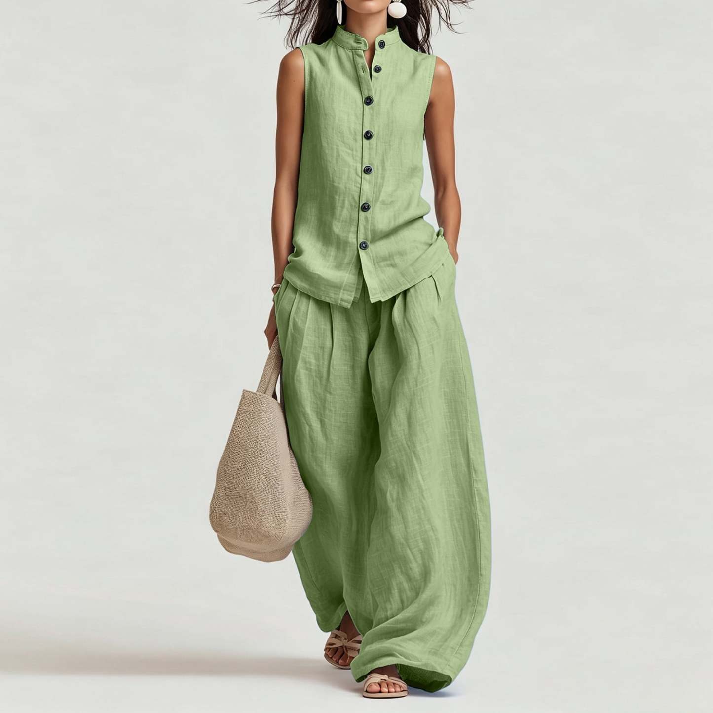 Women's Casual Cotton & Linen Sleeveless Top & Wide-Leg Pants Two-Piece Set